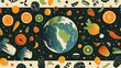 Colorful Illustrated Earth Surrounded by Diverse Fruits and Vegetables Pattern