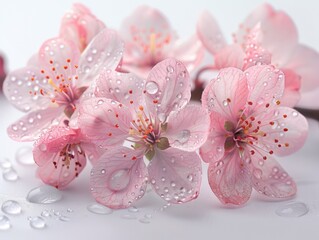 Sticker - A bunch of pink flowers with water droplets on them, Spring close-up image of apple blossoms