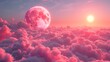   The sun sets behind clouded skies, casting pink hues, as the moon takes center stage