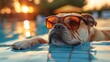   A tight shot of a dog donning sunglasses reclining by a swimming pool Reflection of sun in pool's mirror-like surface