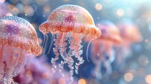   A Collection Of Jellyfish Hover Above Blue-pink Waters Teeming With Numerous Tiny, White Bubbles