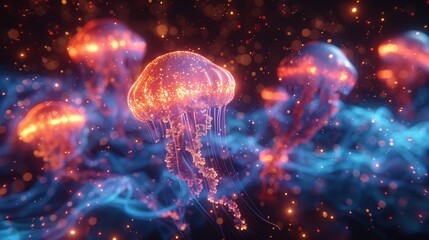   A jellyfish floats in the ocean, surrounded by blue and orange bubble trails in the water against a black backdrop