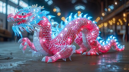 Wall Mural -   A red and blue dragon statue rests atop a nearby floor beside a wall adorned with lights within a building