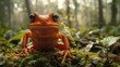   A tight shot of a frog perched on mossy terrain, surrounded by trees in the distance, with sunlight casting light on the amphibian