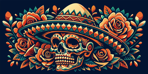 Mexican sugar skull Mexico festive for festival dia de los muertos. Retro old school dead skull for chicano tattoo. Colorful illustration of a day traditional flowers on black background