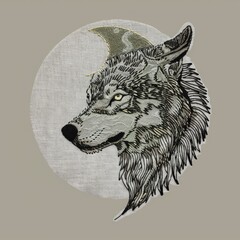 Wall Mural - A drawing of a wolf with a moon in the background, embroidery on white background