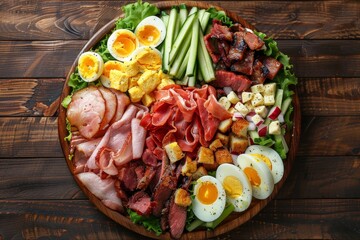 Wall Mural - Close up top view of a hearty chef salad with vegetables eggs cheese croutons and various meats on a plate