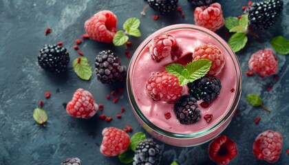 Wall Mural - Close up view of a glass jar with a raspberry and blackberry smoothie topped with berries