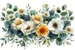 Watercolor floral illustration set - bouquet, frame, border, wreath. White flowers, rose, peony, green leaf