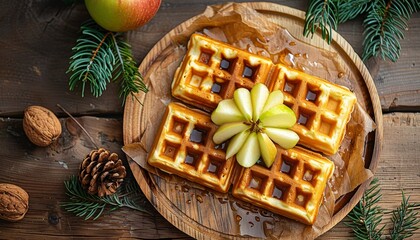 Sticker - Delicious homemade Belgian waffles topped with green apple served on a wooden plate for breakfast