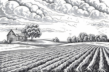 Wall Mural - Rural landscape with farm on meadow. Engraving monochrome graphic style. Spring sunny field with grass or wheat. Farming, harvest, vineyard concept. Retro illustration for poster, banner, card