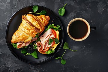 Sticker - Croissant Club Sandwich with Ham and Cheese displayed from above on a black background with room for text