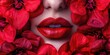 close-up of women's lips, red lipstick, lip gloss, passionate red flowers around, spa and cosmetology concept, skin care, bright makeup