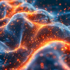 the image is a colorful, abstract representation of a wave with bright orange and blue lights. the w