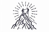 Fototapeta Sypialnia - logo design, line art of an individual helping another person reach the top of their mountain with sunlight shining down on them from behind simple lines and shapes on a white background Generative AI