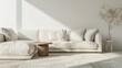 a minimalistic white sofa with a side table and light-colored carpet in a naturally lit room