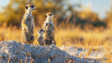 A Meerkat Family Looking For Enemies In The African Savanna