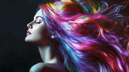 Wall Mural - Beauty Model Girl with Colorful Rainbow Hairstyle, Girl with perfect Makeup and Hairstyle. Beautiful oil slick hair woman with very long wavy coloring hairstyle. Beauty lady