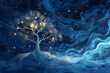 White tree standing tall on the backdrop of a dark blue night sky. Luminous insects twinkle like tiny stars, casting a soft and ethereal glow that illuminates the darkness