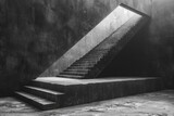 Fototapeta Przestrzenne - A high contrast black and white image capturing the geometric beauty of an abandoned staircase in a concrete setting