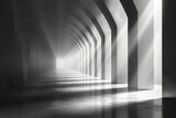 Fototapeta Przestrzenne - An architectural marvel of repeating arches bathes in stark monochrome, creating a striking play of light and shadow