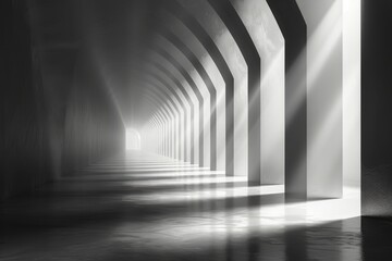 Wall Mural - An architectural marvel of repeating arches bathes in stark monochrome, creating a striking play of light and shadow