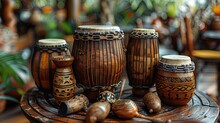 Ensemble Of Authentic Caribbean Musical Instruments, Including The Steel Drum, Tambourine, And