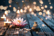 Softly lit zen spa setup with lotus and candles