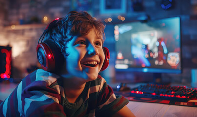 Happy kid gamer in gaming room