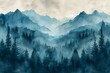 Enigmatic Watercolor Mountainscape with Textured Blues and Greens. Concept Watercolor Painting, Mountain Landscape, Blue and Green Colors, Textured Artwork, Enigmatic Scene