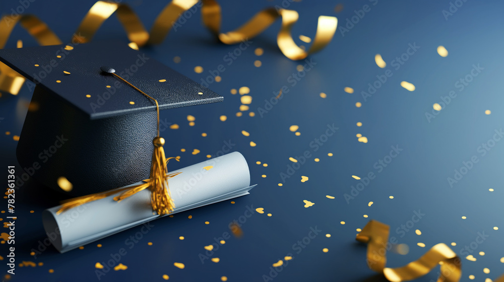 Graduation cap with gold tassels and diploma, on an elegant dark navy ...