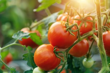Wall Mural - Ripe tomatoes on branch in greenhouse space for text