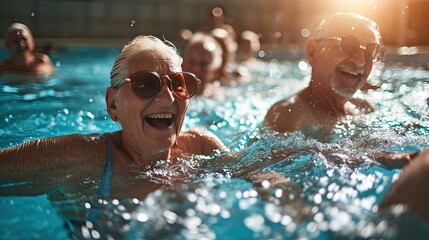 Wall Mural - Happy senior men and women doing sports indoors in the swimming pool