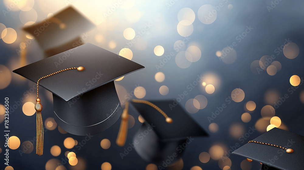Graduation caps with gold tassels, on an elegant dark blue background ...