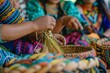 Indigenous Youth Engaged in Traditional Basket Weaving with Colorful Attire