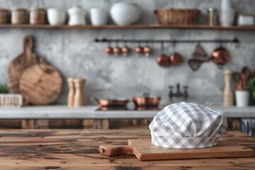 Wall Mural - Kitchen interior with a wooden table a cook s hat and minimal kitchen tools providing free space for decoration