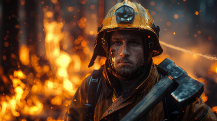 Wall Mural - Rescue firefighter man in a fire holds iron axe.