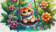 oil painting style CARTOON CHARACTER CUTE cat, basking in the sunshine as they swing in a lush, peaceful garden,