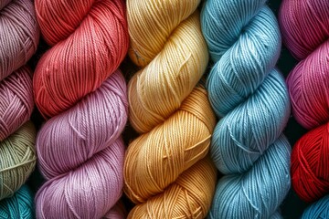 Sticker - Multi colored balls of cotton yarn arranged diagonally viewed from above used for knitting in the textile industry