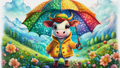 Wall Mural - CARTOON CHARACTER CUTE cow in a yellow raincoat holding an umbrella,