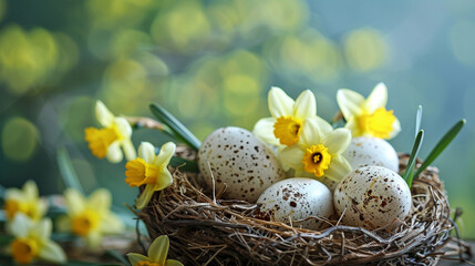  White yellow easter eggs in a bird nest basket and yellow daffodils flower.  Easter holiday celebration greeting