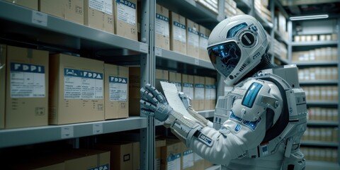 Humanoid robot works alongside boxes in a storeroom