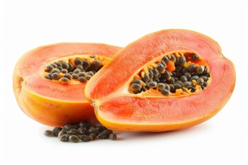 Wall Mural - Papaya fruit with seeds on white background in focus