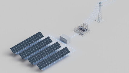 Poster - Solar panels connected to the substation and to the power grid. Electricity generated by the solar panels is sent to the grid. Isometric view. 