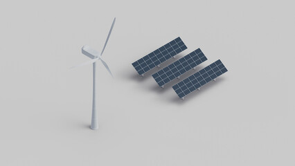 Wall Mural - Wind turbine and solar panels. Isometric view.