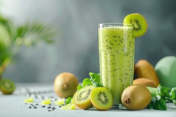 Wall Mural - Tasty kiwi smoothie and fresh fruits on bright table