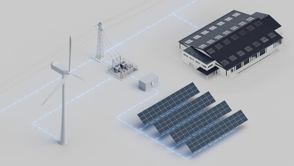 Wall Mural - Wind turbine and solar panels are connected to the power grid. Electricity generated by the wind and solar is sent to the grid and then to the warehouse. Isometric view. 