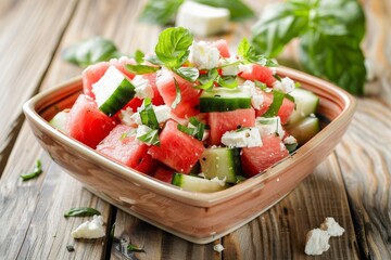 Wall Mural - Tasty salad with watermelon cucumber and feta cheese in a square bowl on a wooden surface