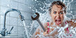 © Sunshower Shots - Aggravated woman with wrench soaked with water, failed DIY plumbing repair, bathroom tile and sink background, wide banner, copyspace