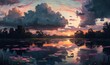 Serene Aquatic Landscape with Sunset Skies Generative AI